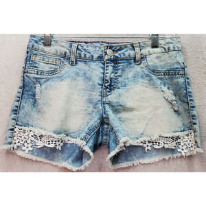 Lee Short Shorts Girls Size‎ 16 Blue Denim Lace Trim Cotton Acid Wash Flat Front